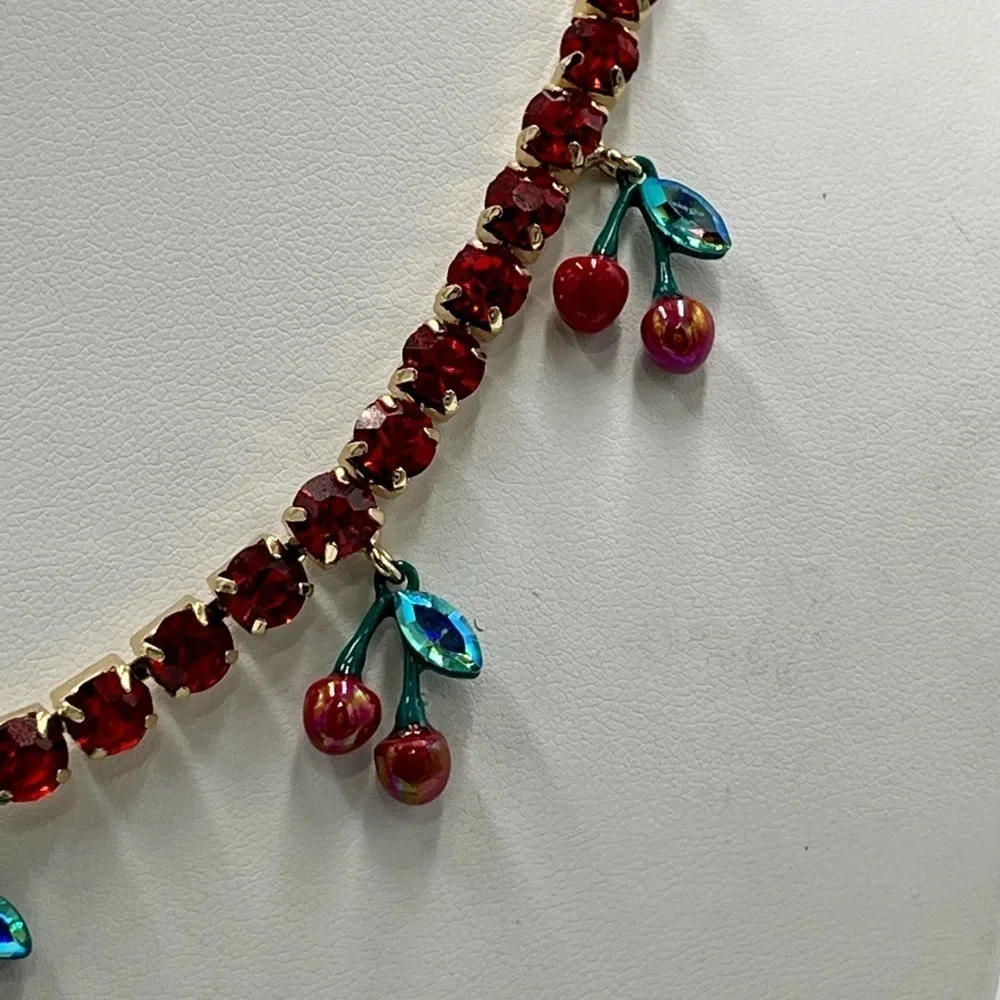 Betsey Johnson Gold Tone & Red Crystal‎ Tennis Necklace With Cherry Charms New